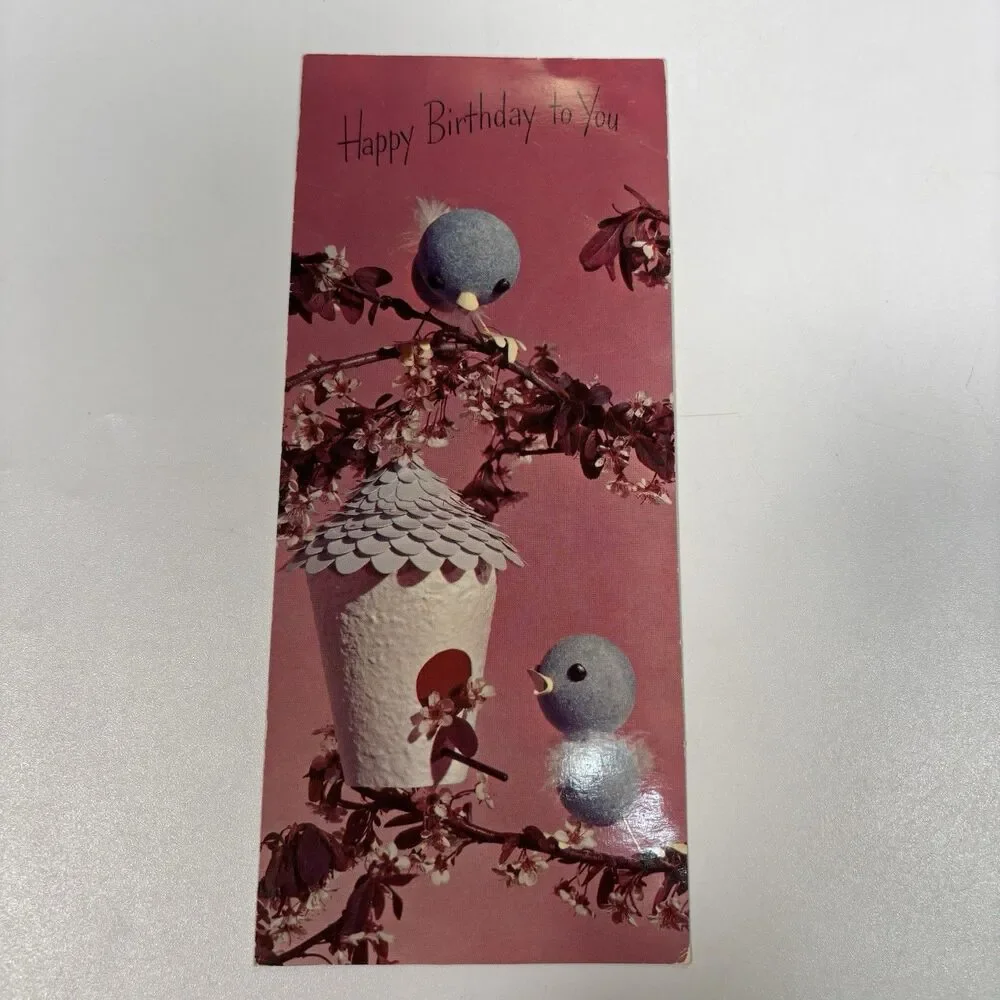 Vintage Hallmark Slim Jims Bluebirds Birdhouse Happy Birthday Greeting Card Art